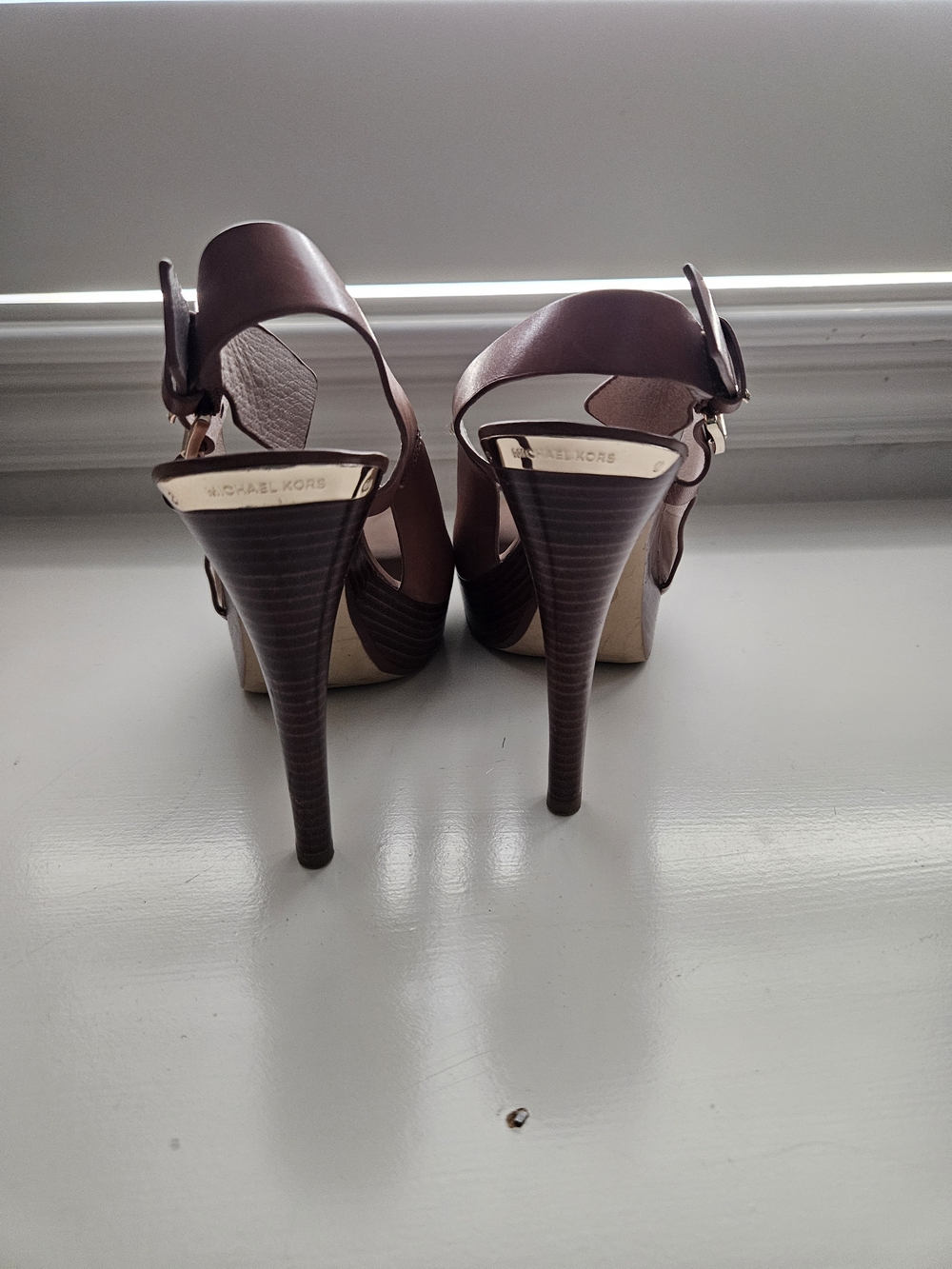 Michael Kors Brown Leather Stiletto Sandals with Gold Accent